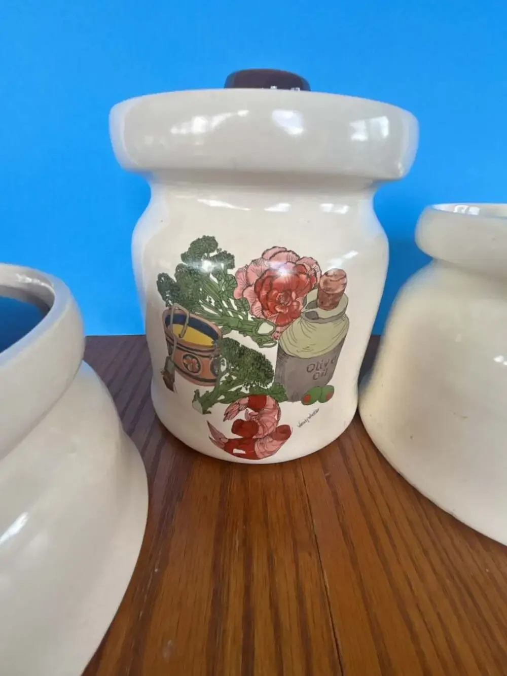 Set of 4 Vintage Wendy Wheeler Illustrated Ceramic Food Canisters Jars